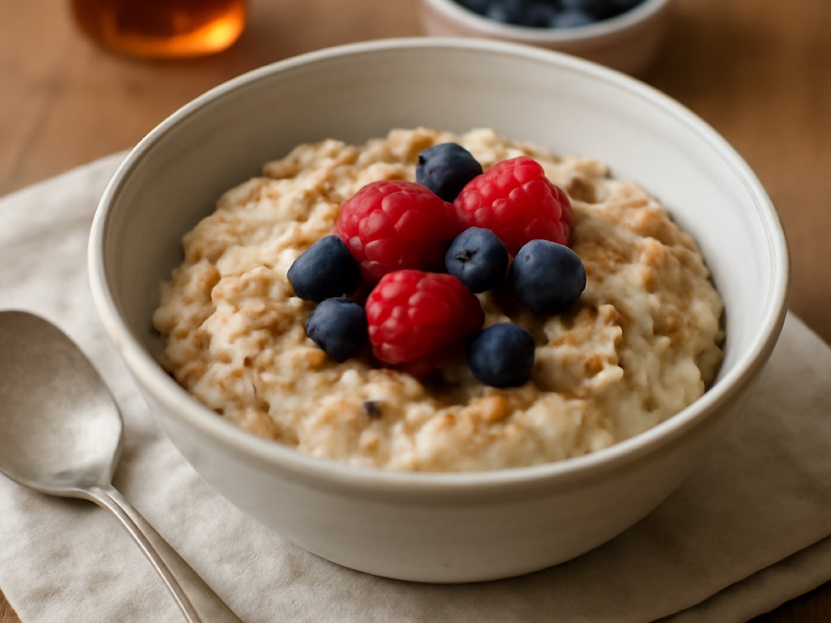 Süßes Frühstücks-Grütze mit Ahornsirup und Beeren