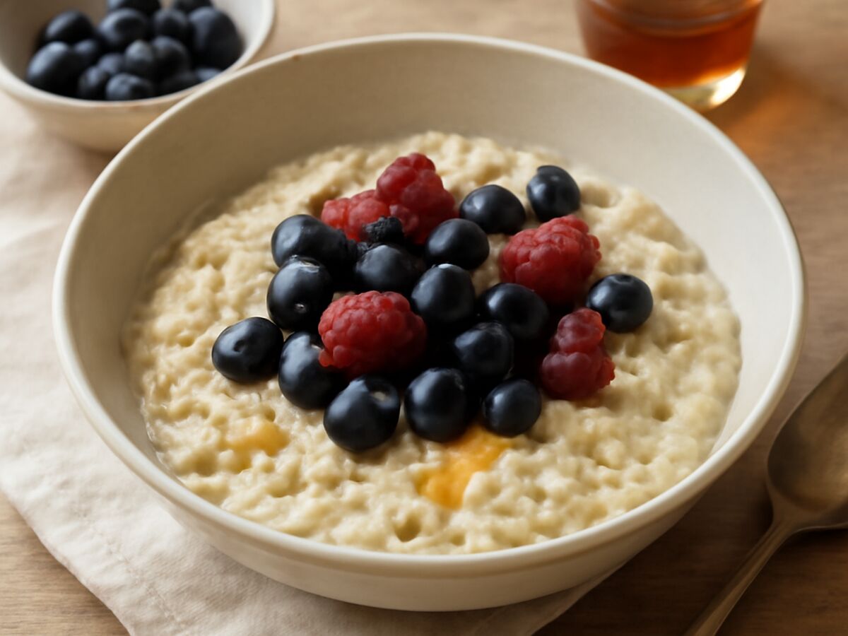 Süßes Frühstücks-Porridge mit Ahornsirup und Beeren