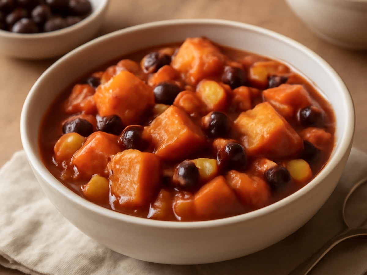 Süßkartoffel-Chili mit schwarzen Bohnen und Mais