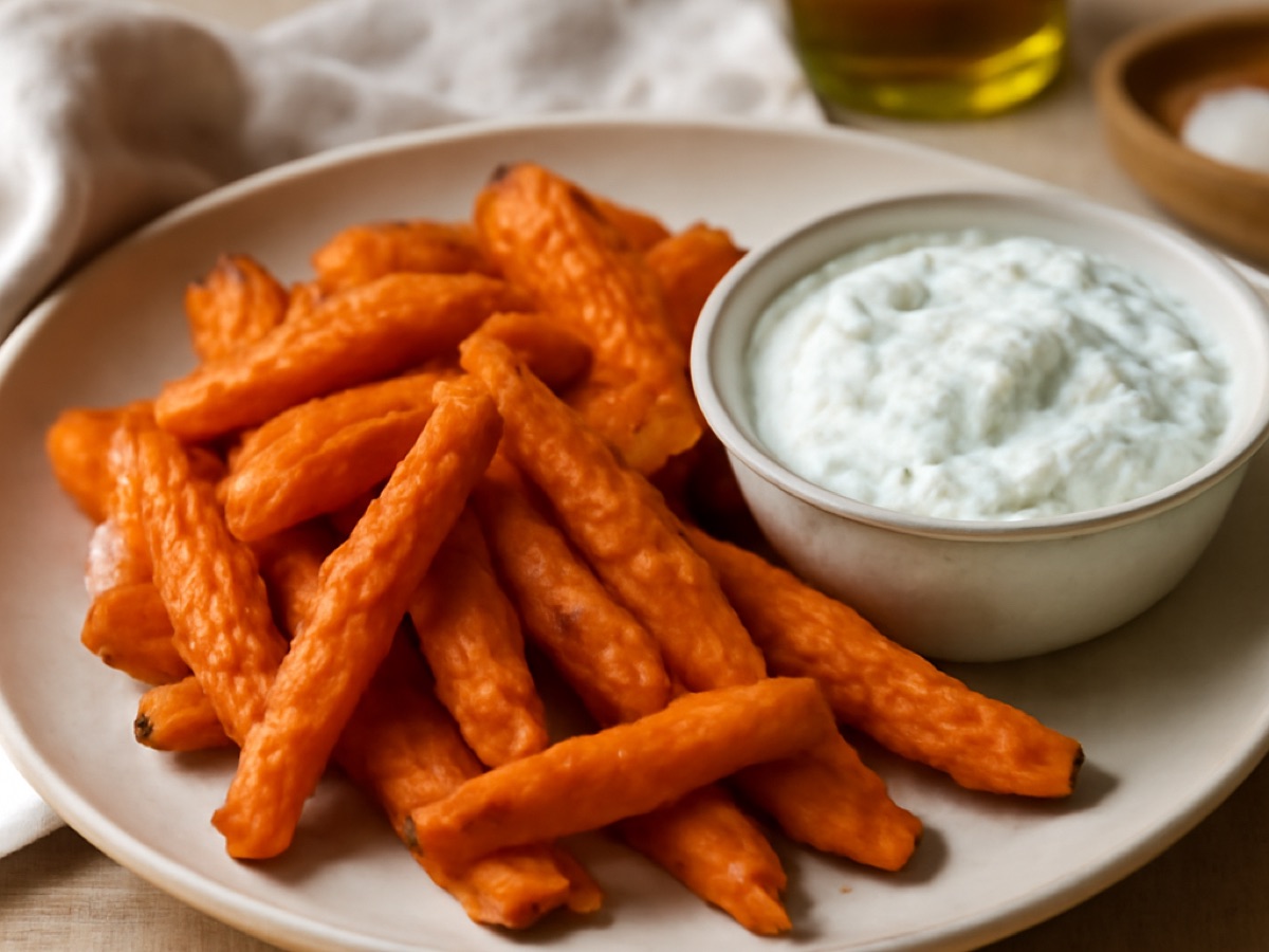 Süßkartoffel-Pommes aus dem Ofen mit Kräuter-Dip