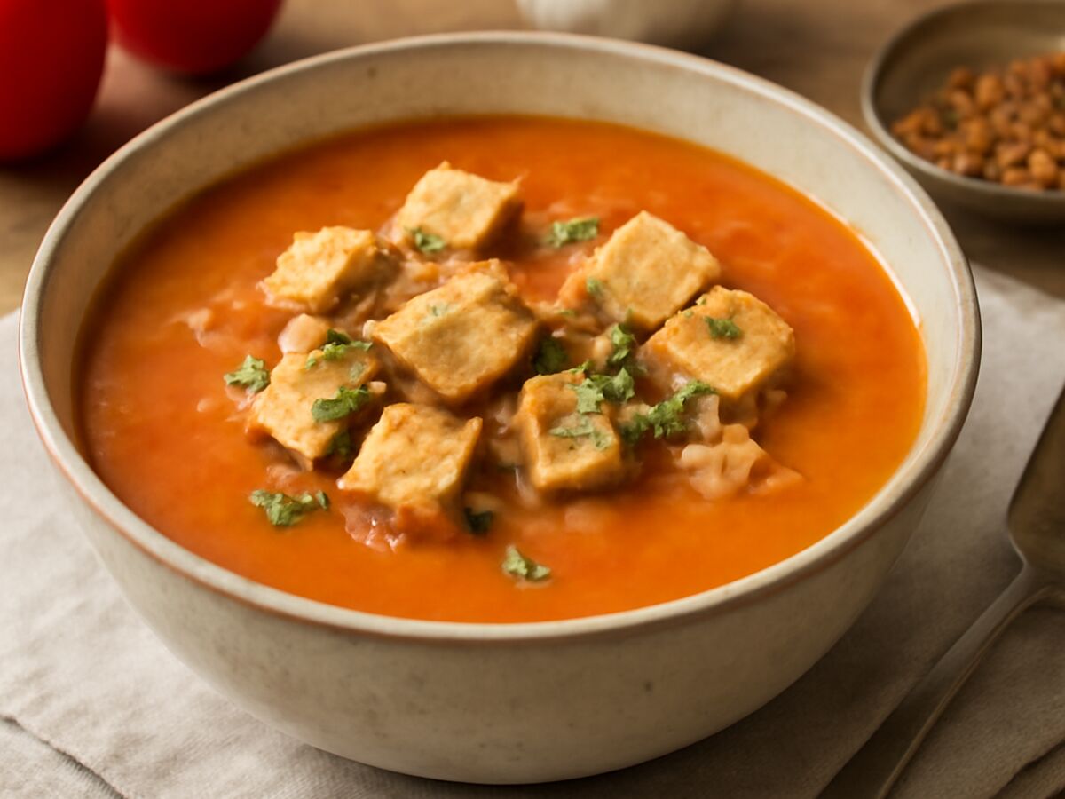 Tomaten-Kokos-Suppe mit Tofu und Thai-Gewürzen