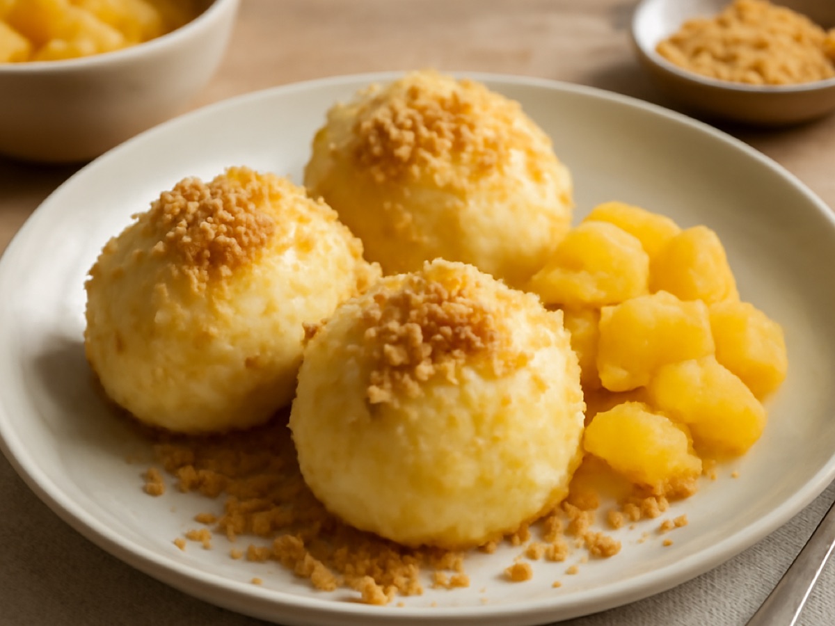 Topfenknödel mit Butterbröseln und Apfelkompott
