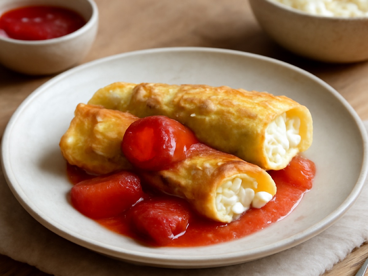 Topfenpalatschinken mit Erdbeersauce