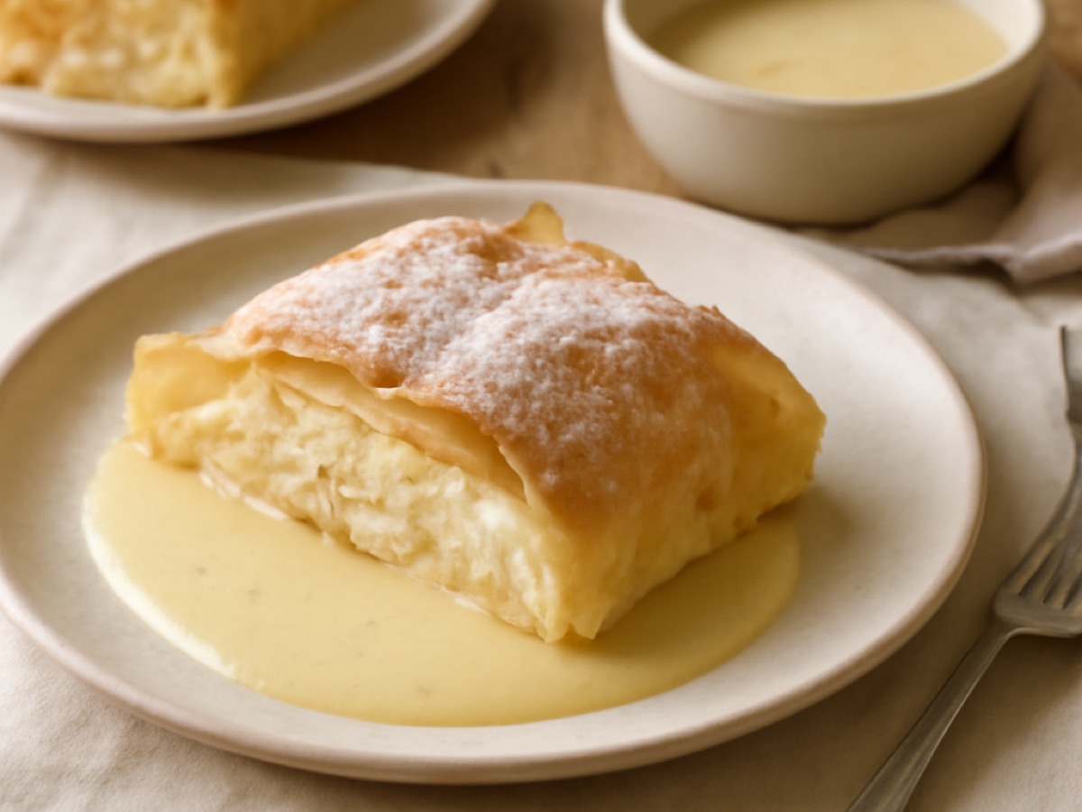 Topfenstrudel mit Vanillesauce