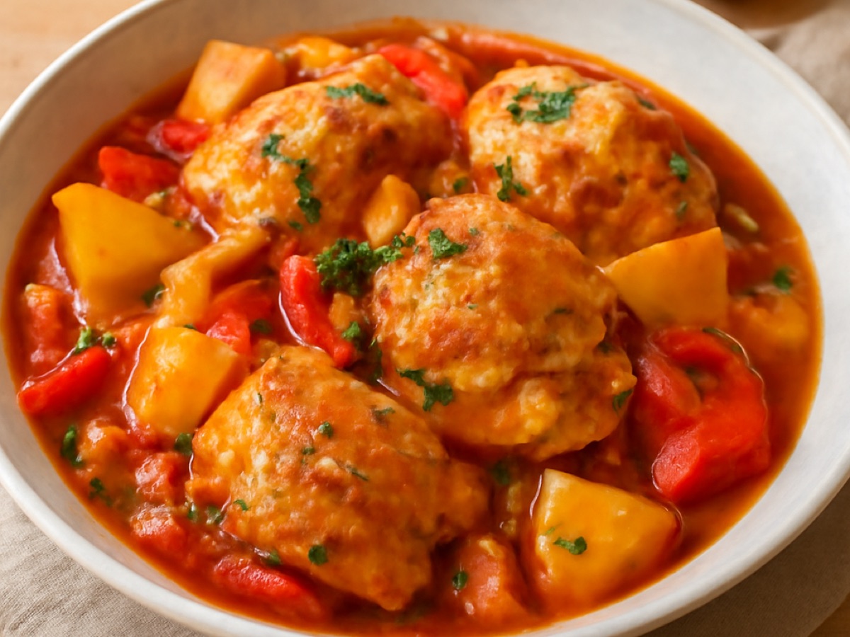 Tunesischer Harissa-Hähnchen-Eintopf mit Kartoffeln und Paprika