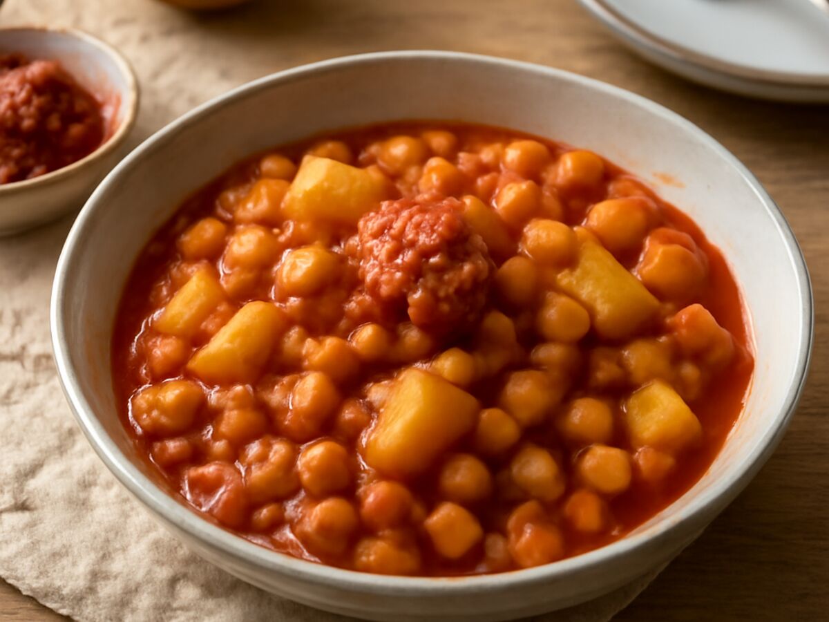 Tunesisches Kichererbsen-Schmorgericht mit Kartoffeln und Harissa