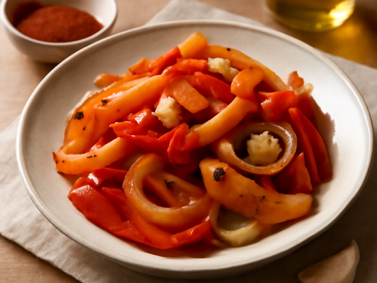 Ungarische gebratene Paprika mit Knoblauch und Zwiebeln
