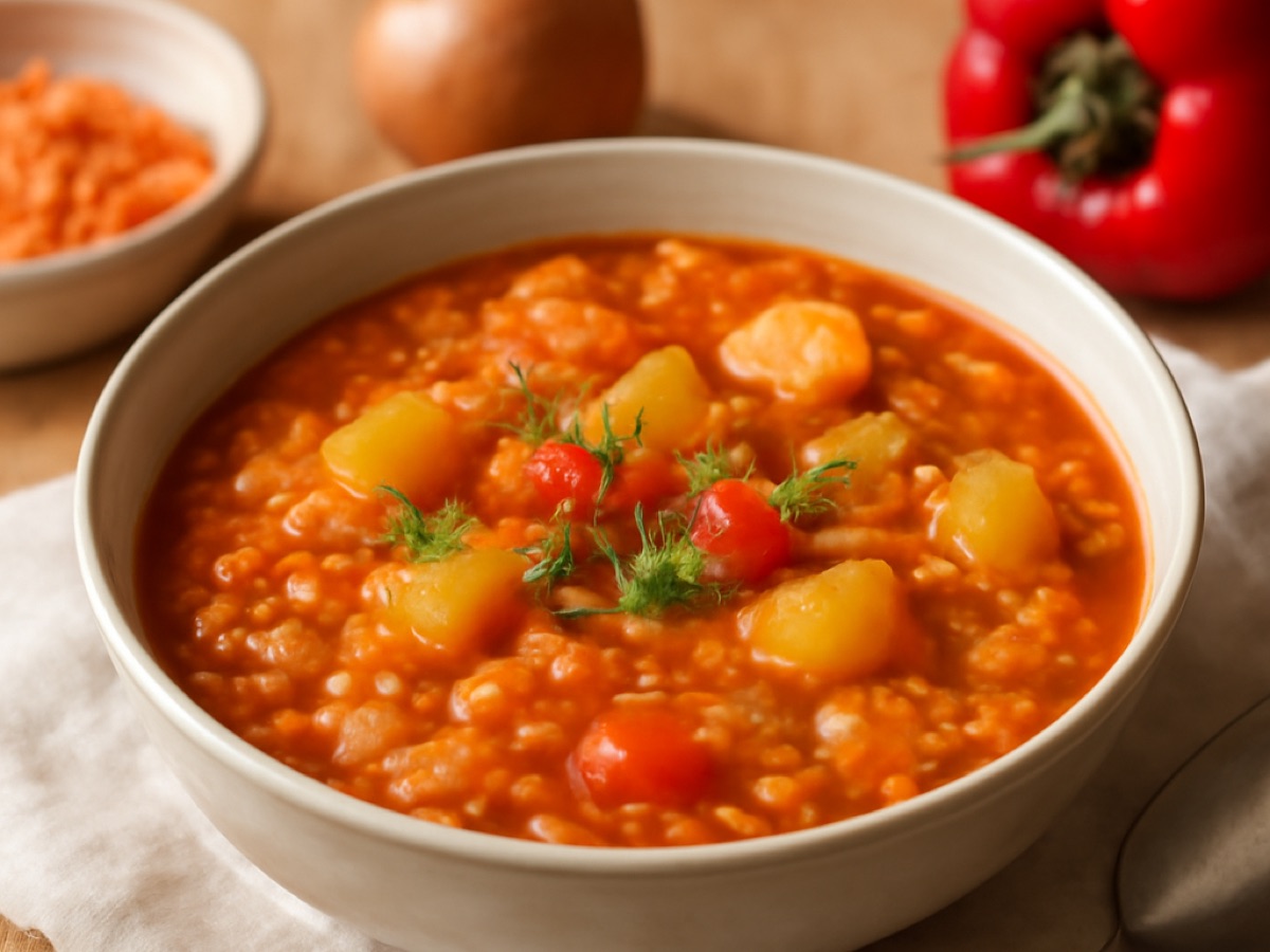 Ungarischer Linseneintopf mit Paprika und Kartoffeln (Veganes Gericht)
