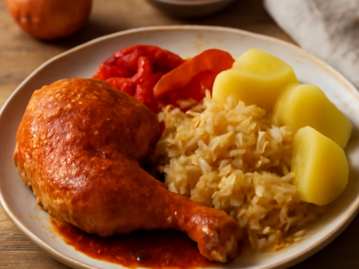 Ungarischer Paprikahahn mit Sauerkraut und Kartoffeln