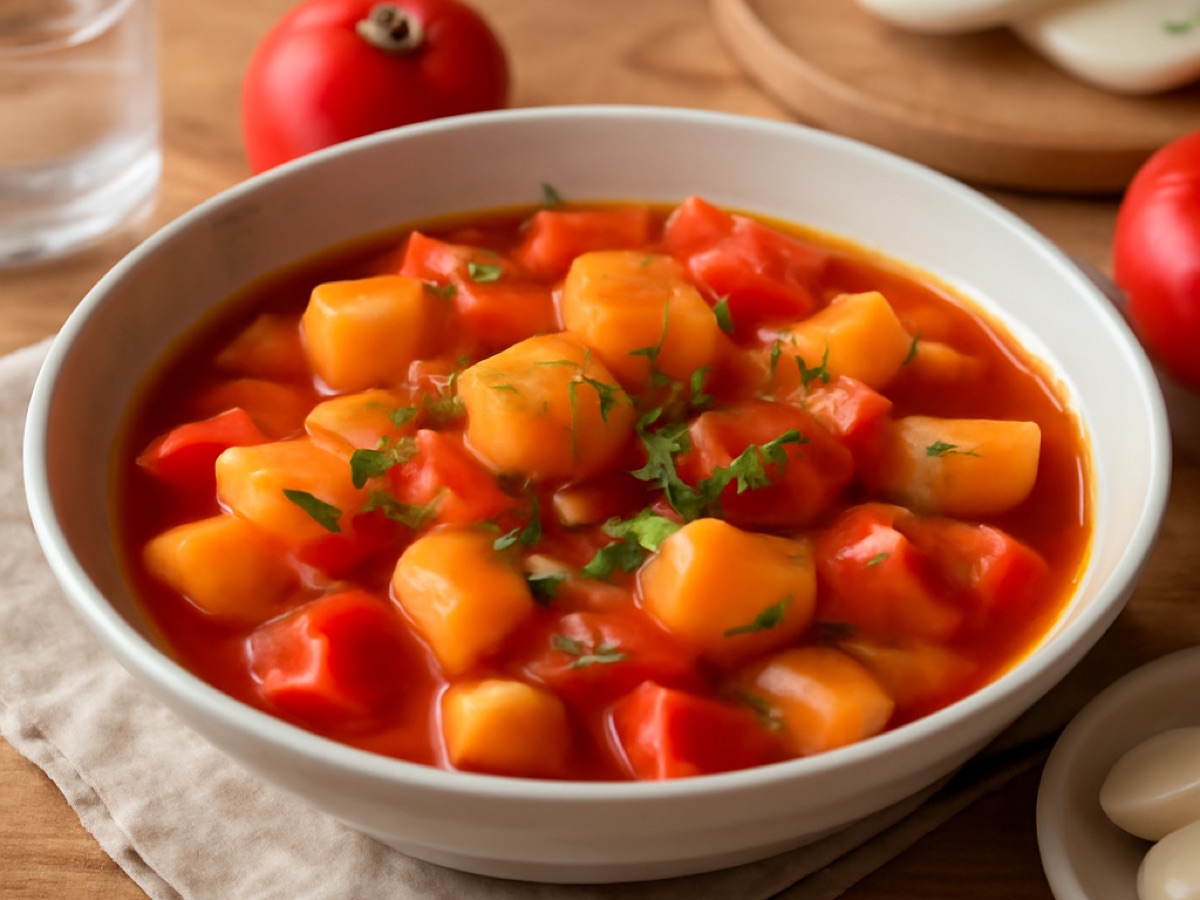 Ungarischer Paprikakartoffel-Eintopf mit Zwiebeln und Tomaten