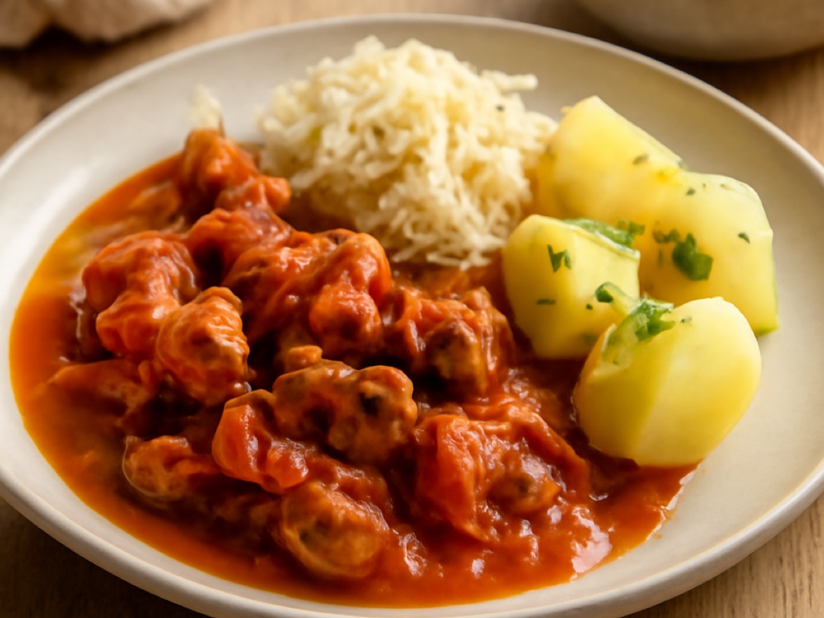 Ungarischer Schweinepaprikasch mit Sauerkraut und Kartoffeln