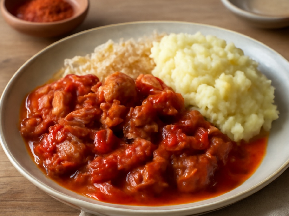 Ungarisches Paprika-Schweinefleisch mit Sauerkraut und Kartoffelstampf