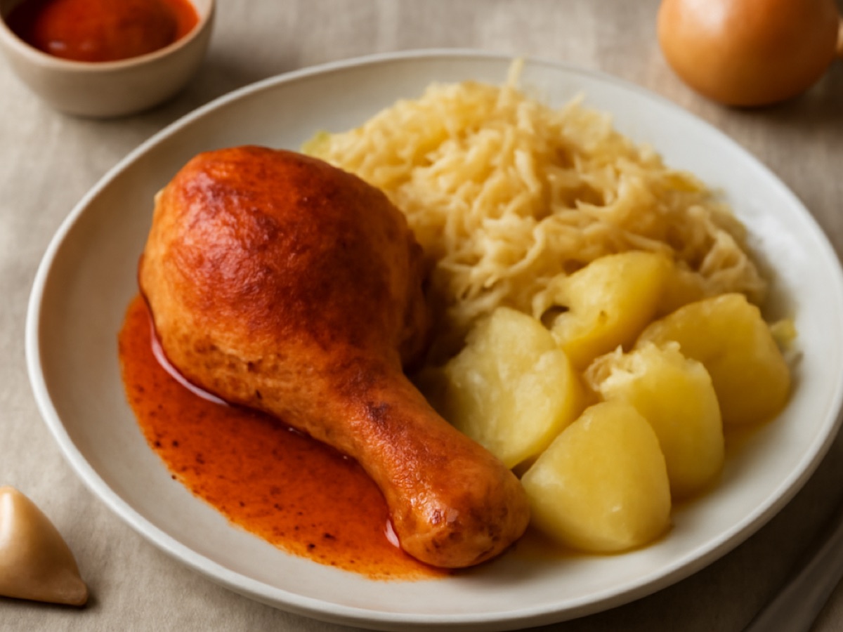 Ungarisches Paprikahuhn mit Sauerkraut und Kartoffeln