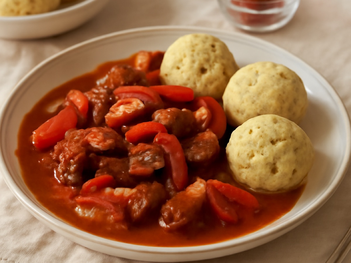 Ungarisches Rindfleisch-Paprika-Schmorgericht mit Knödeln
