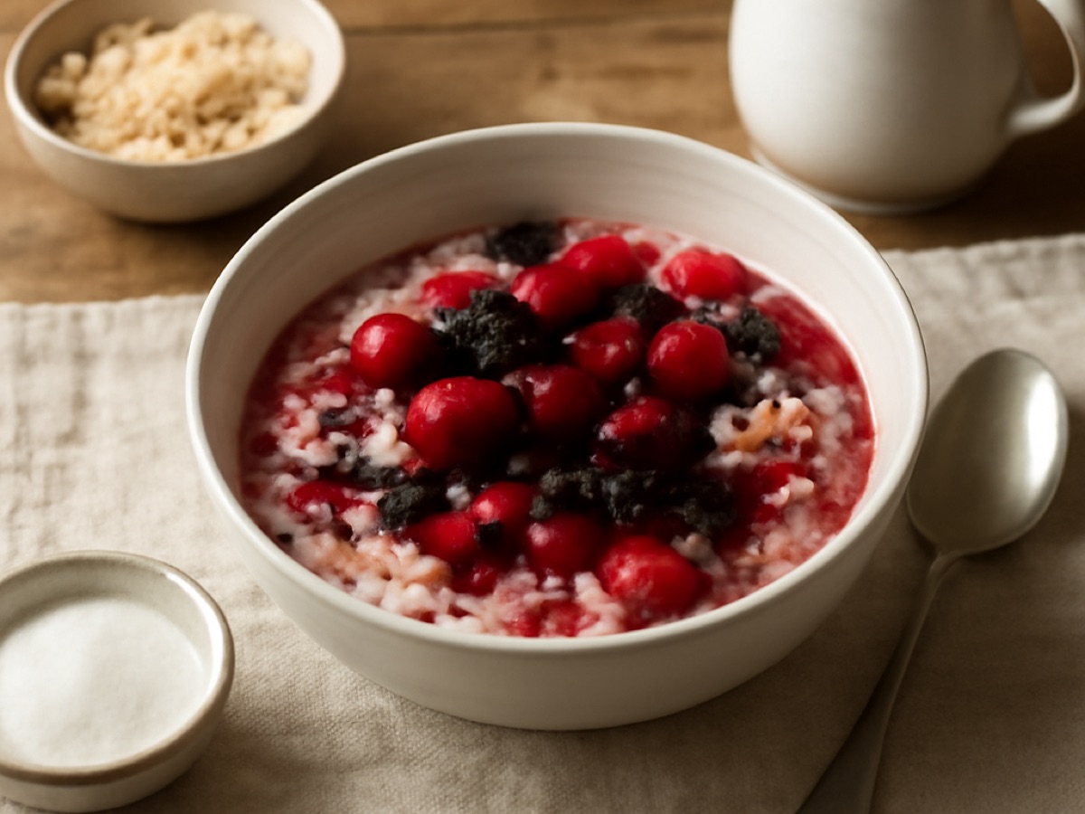 Vegane Beeren-Grütze mit Haferflocken und Mandelmilch