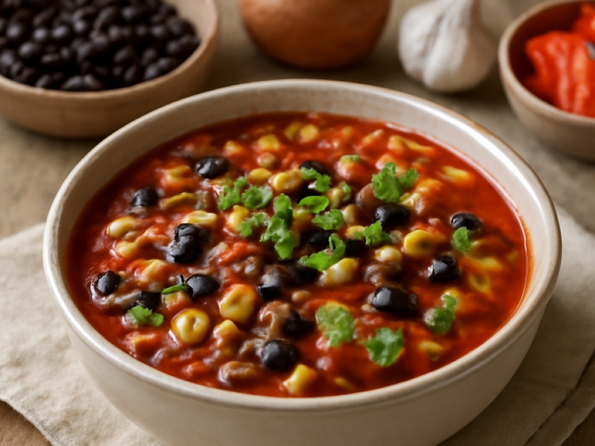 Vegane mexikanische Bohnensuppe mit Mais und frischen Kräutern
