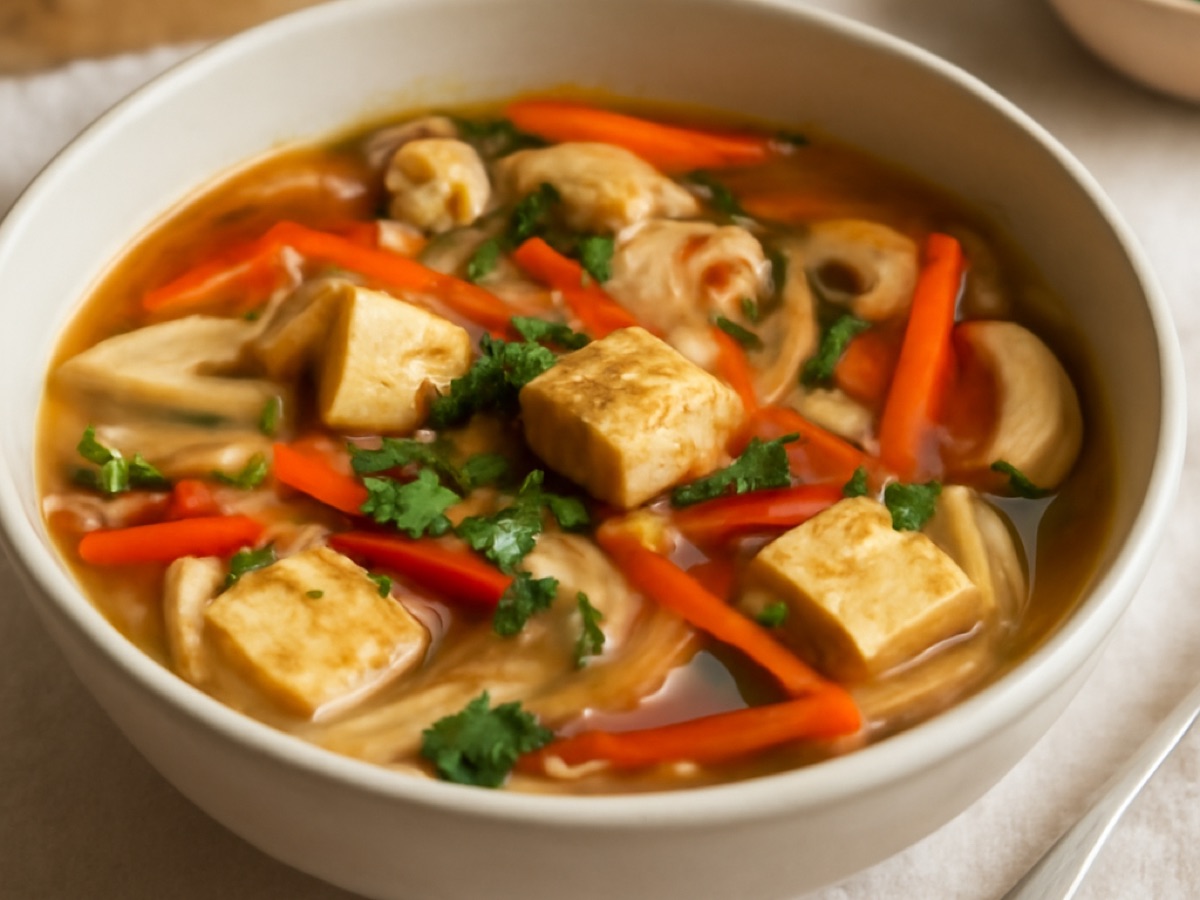 Vegane Reisnudelsuppe mit Tofu und frischem Gemüse