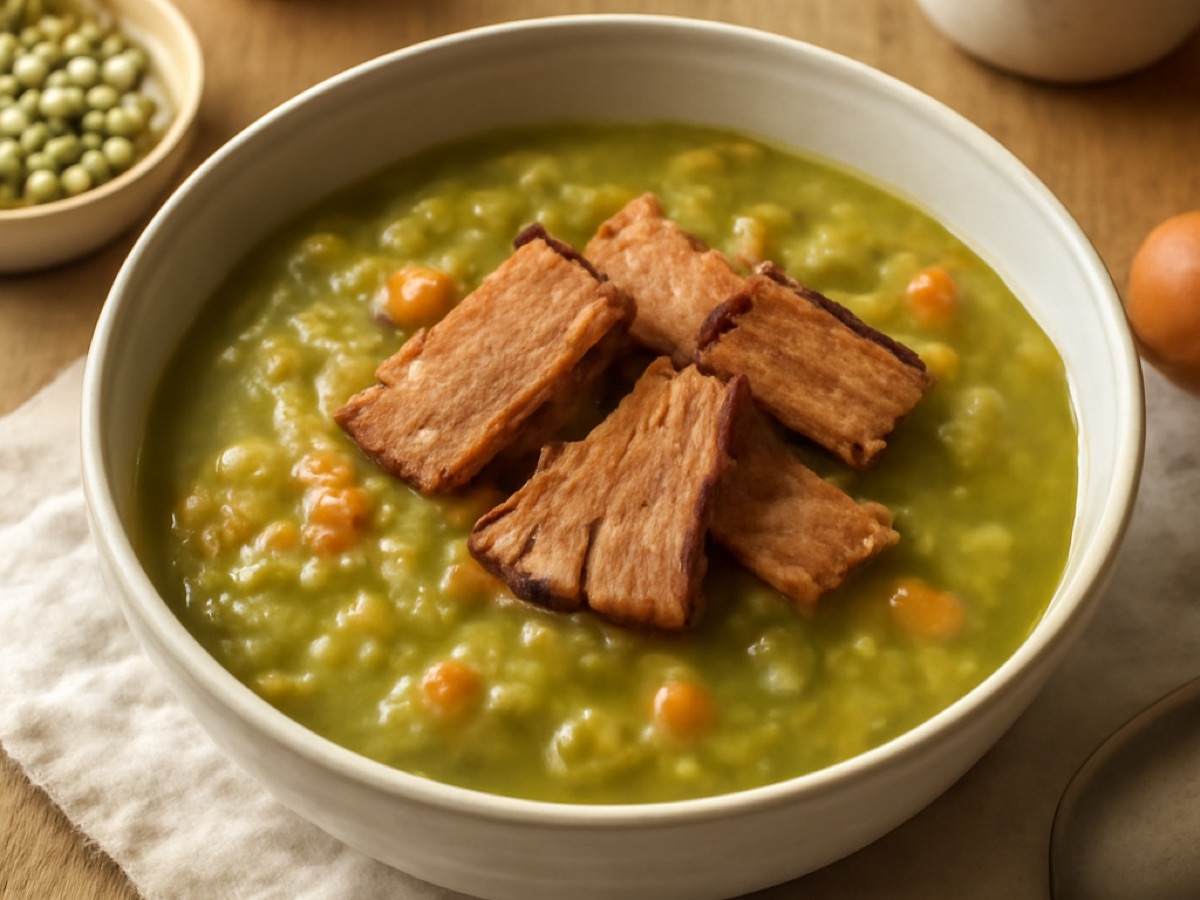 Vegane schwedische Erbsensuppe mit geräuchertem Tofu