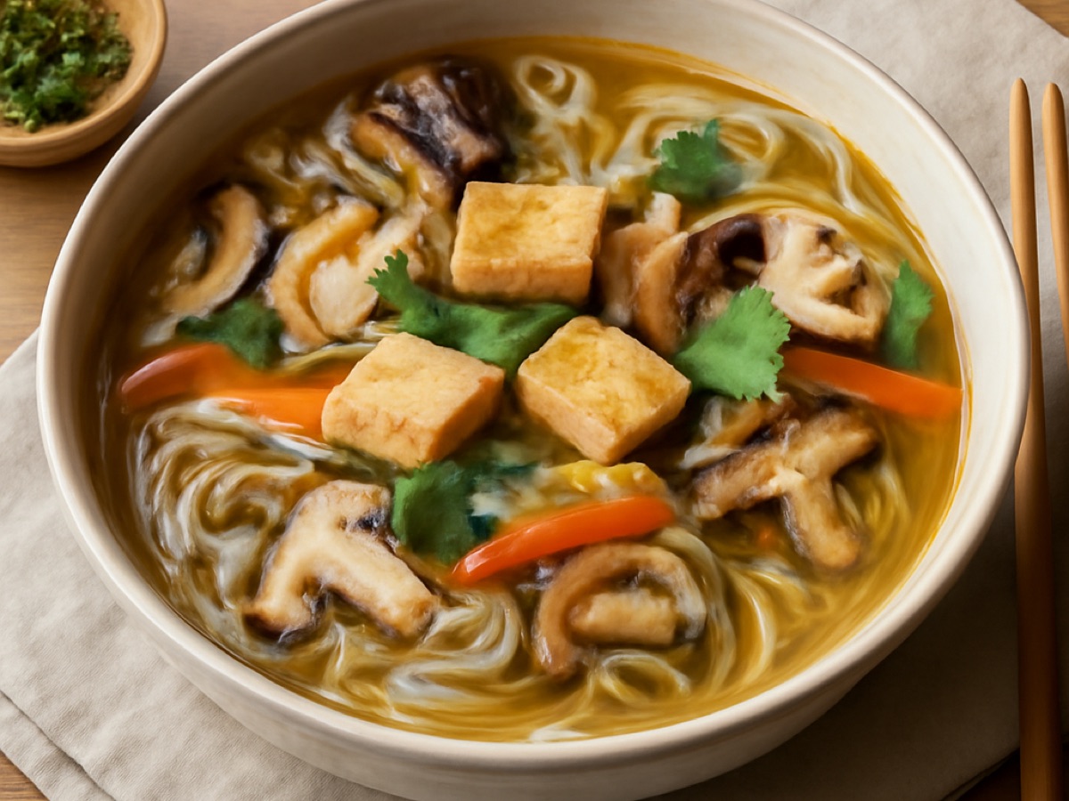 Vegane vietnamesische Glasnudelsuppe mit Pilzen und Tofu