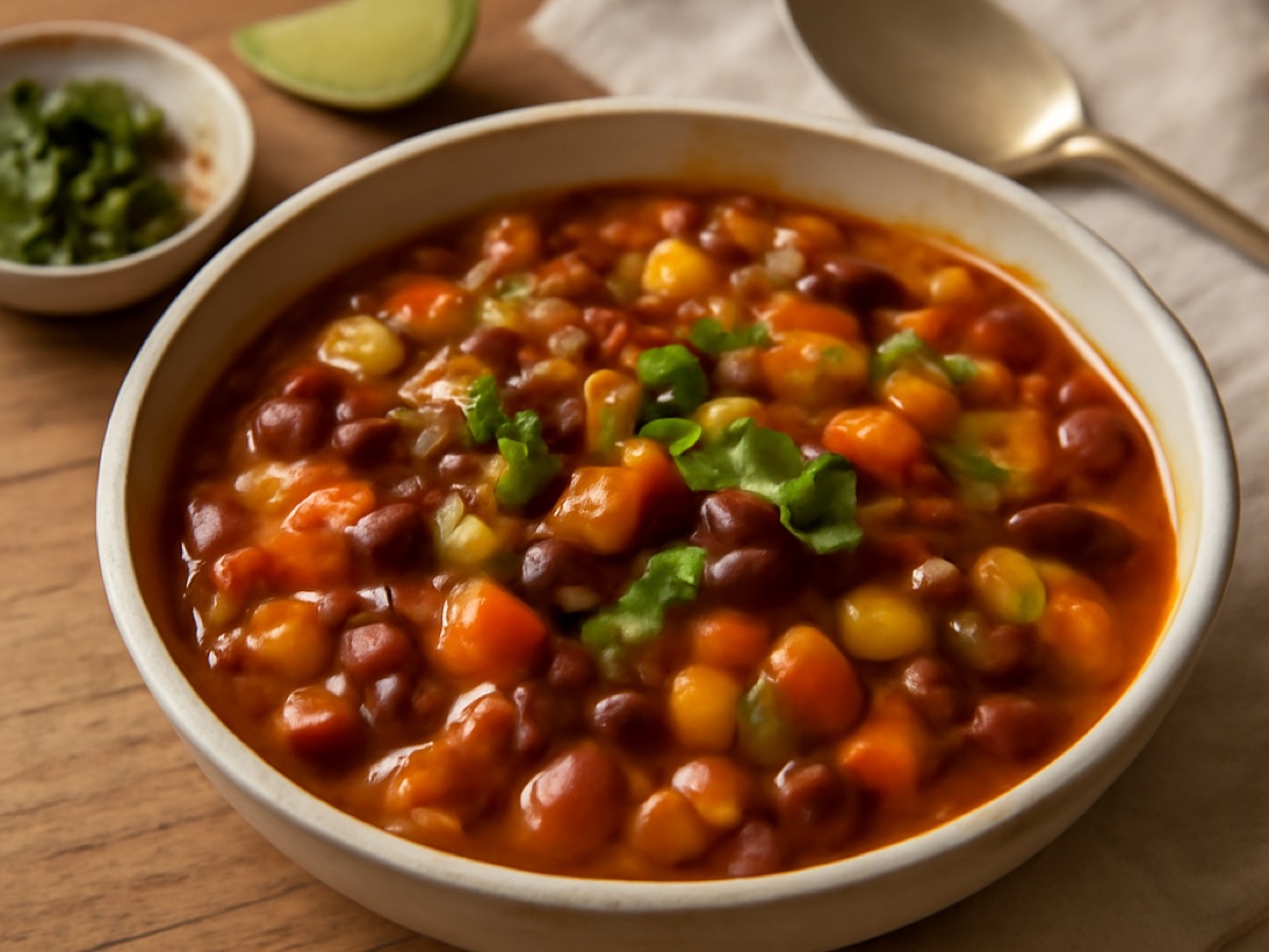 Veganer mexikanischer Bohneneintopf mit frischem Gemüse