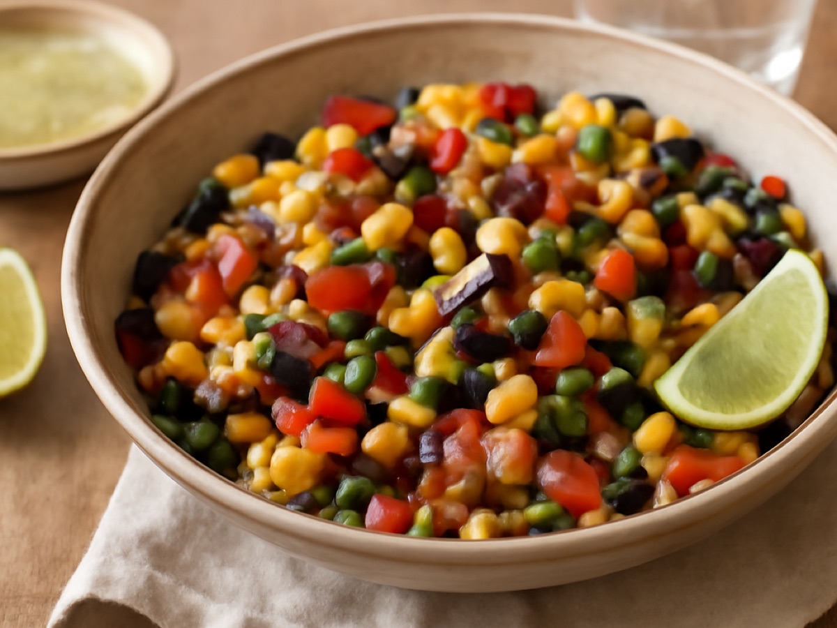 Veganer mexikanischer Mais-Bohnen-Salat mit Limetten-Dressing
