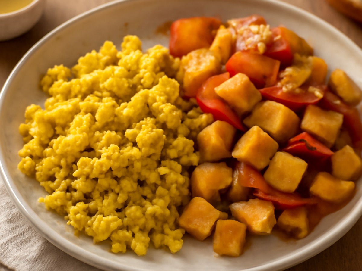 Veganes amerikanisches Frühstück mit Tofu-Rührei und gebratenen Kartoffeln