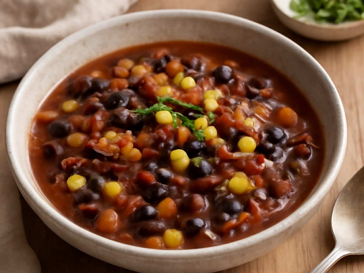 Veganes Chili mit schwarzen Bohnen und Mais