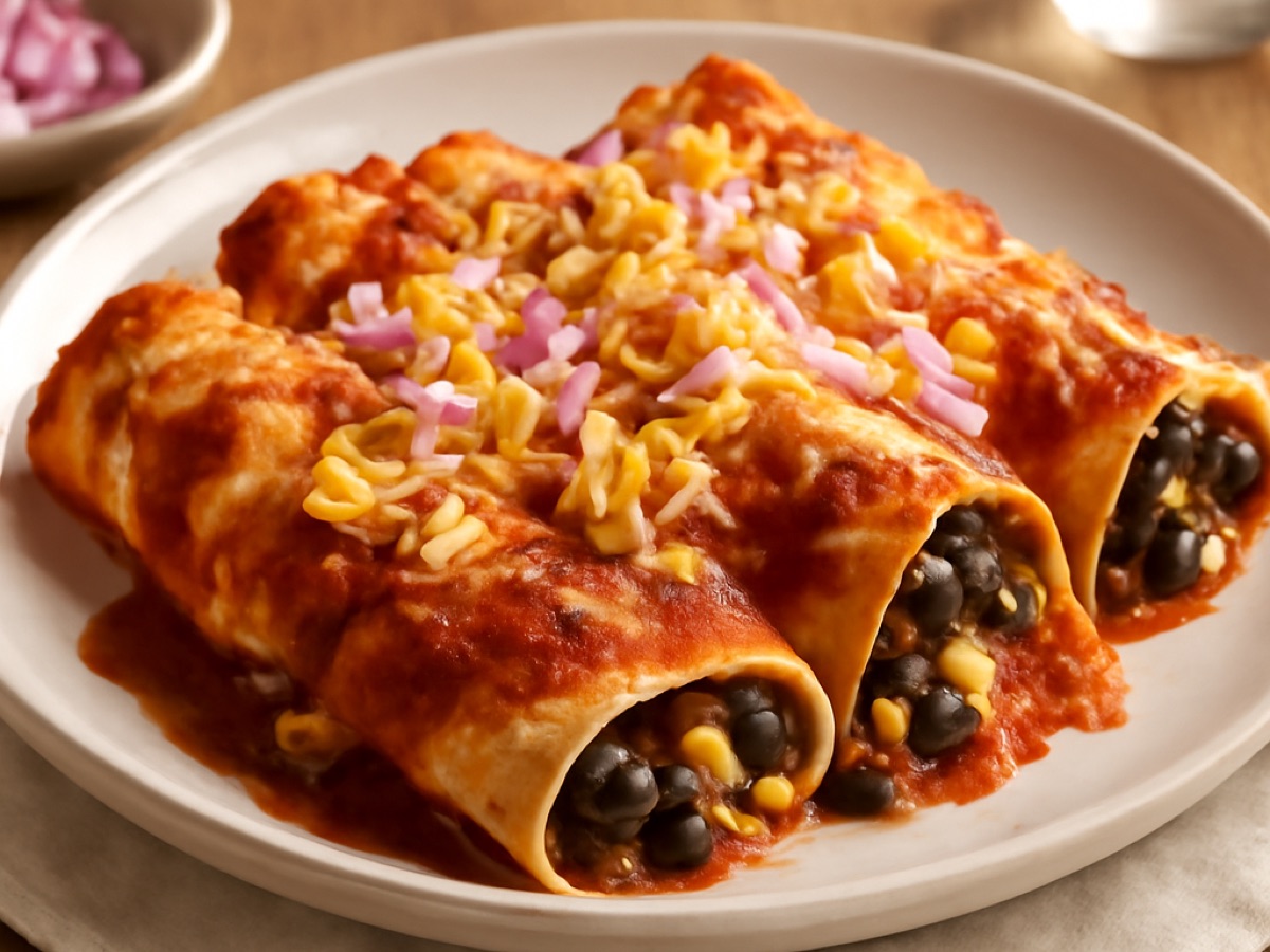 Vegetarische Enchiladas mit schwarzen Bohnen und Mais