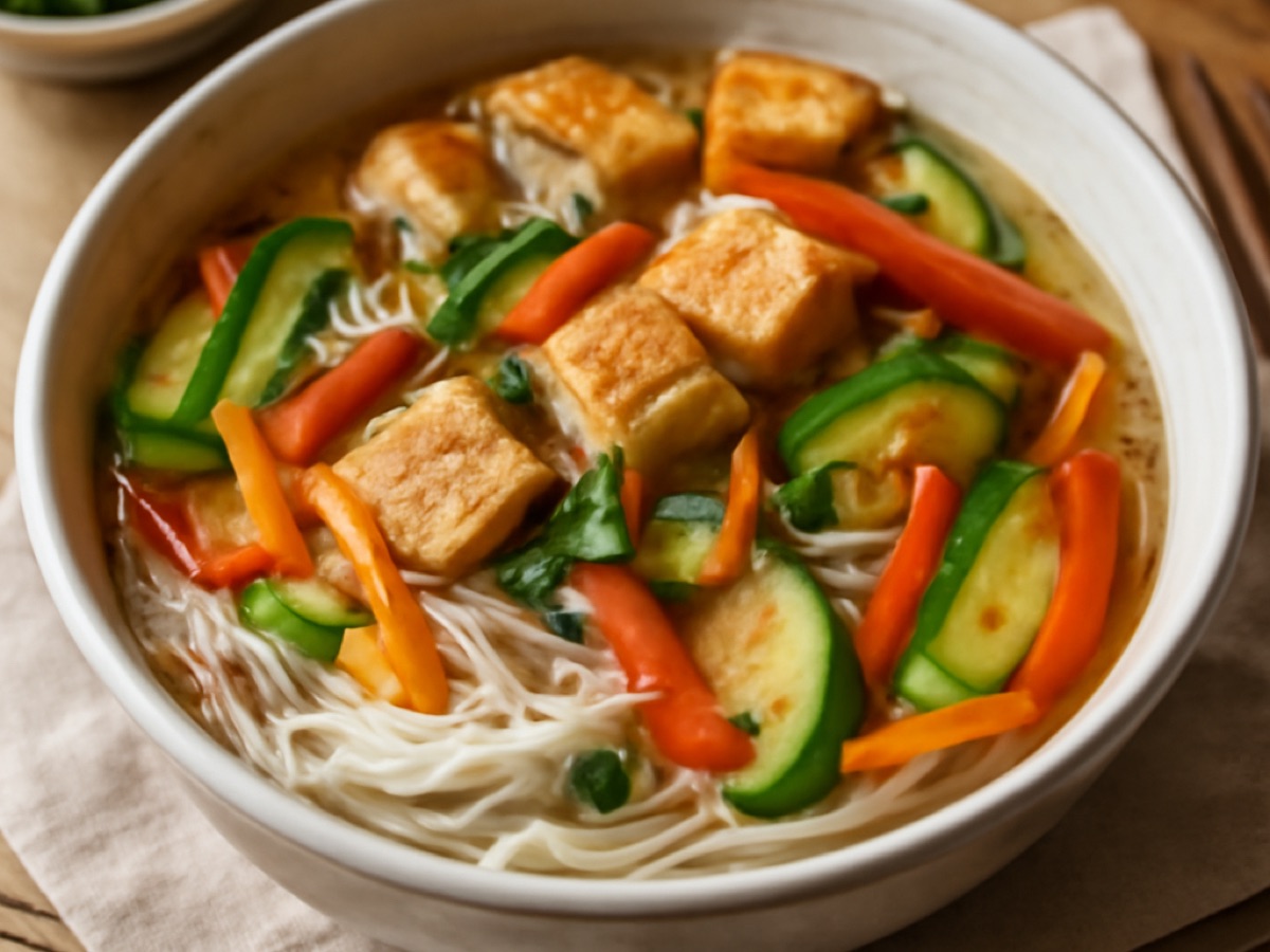 Vegetarische vietnamesische Reisnudelsuppe mit Tofu und Gemüse