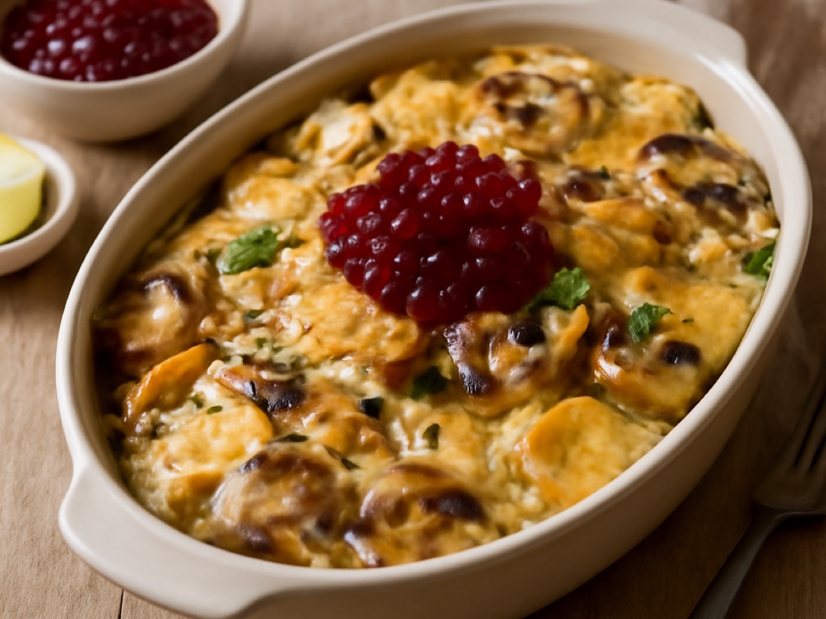 Vegetarischer Auflauf mit Kartoffeln, Pilzen und Preiselbeeren