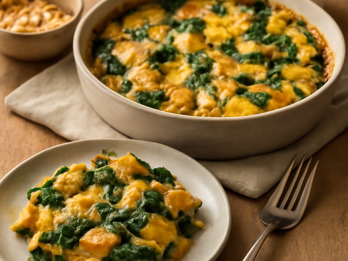 Vegetarischer Frühstücksauflauf mit Kartoffeln und Spinat