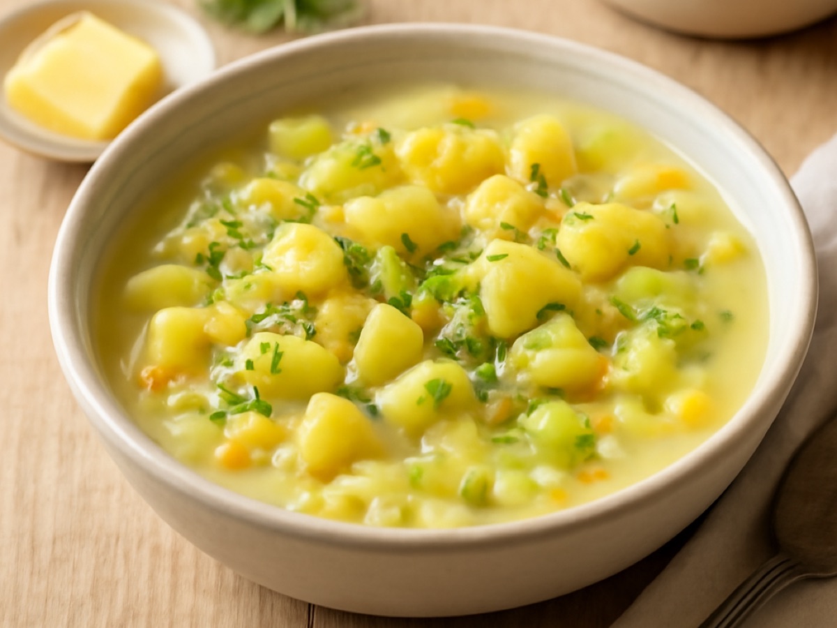 Vegetarischer Kartoffel-Chowder mit Mais und Lauch