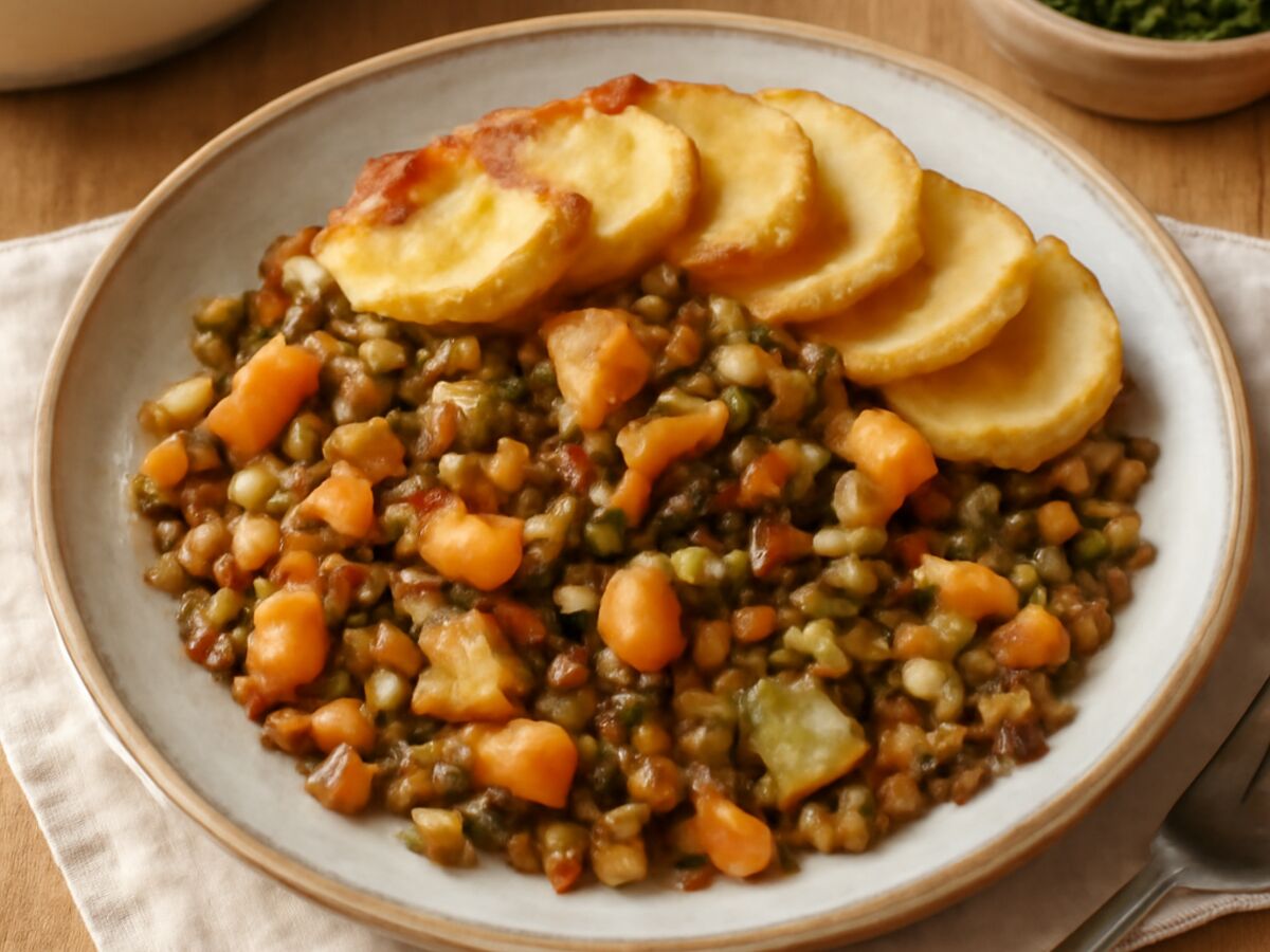 Vegetarischer Lancashire Hotpot mit Linsen und Wurzelgemüse aus dem Mixtopf
