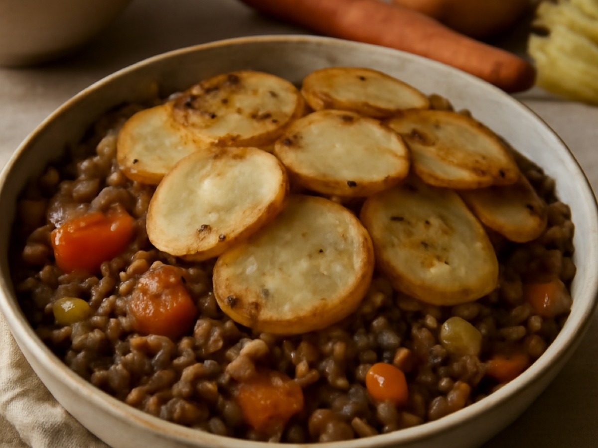 Vegetarischer Lancashire Hotpot mit Linsen