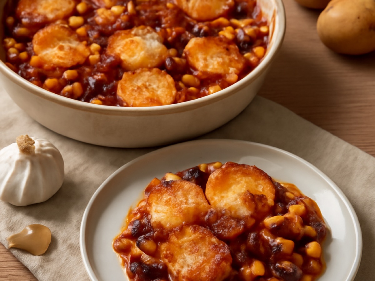 Vegetarisches BBQ-Bohnenauflauf mit Kartoffeln