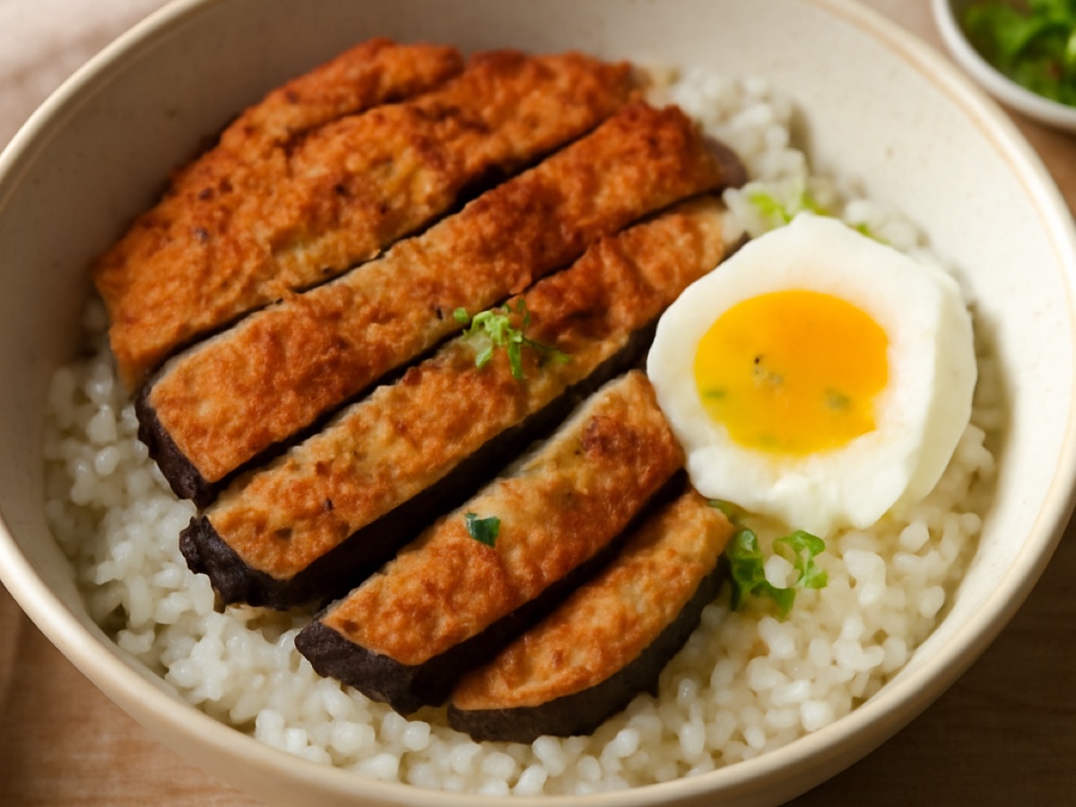 Vegetarisches Katsu-Donburi mit Panierter Aubergine