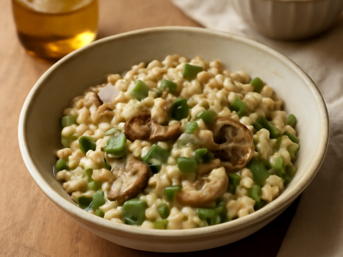 Vegetarisches Risotto mit Pilzen und Erbsen