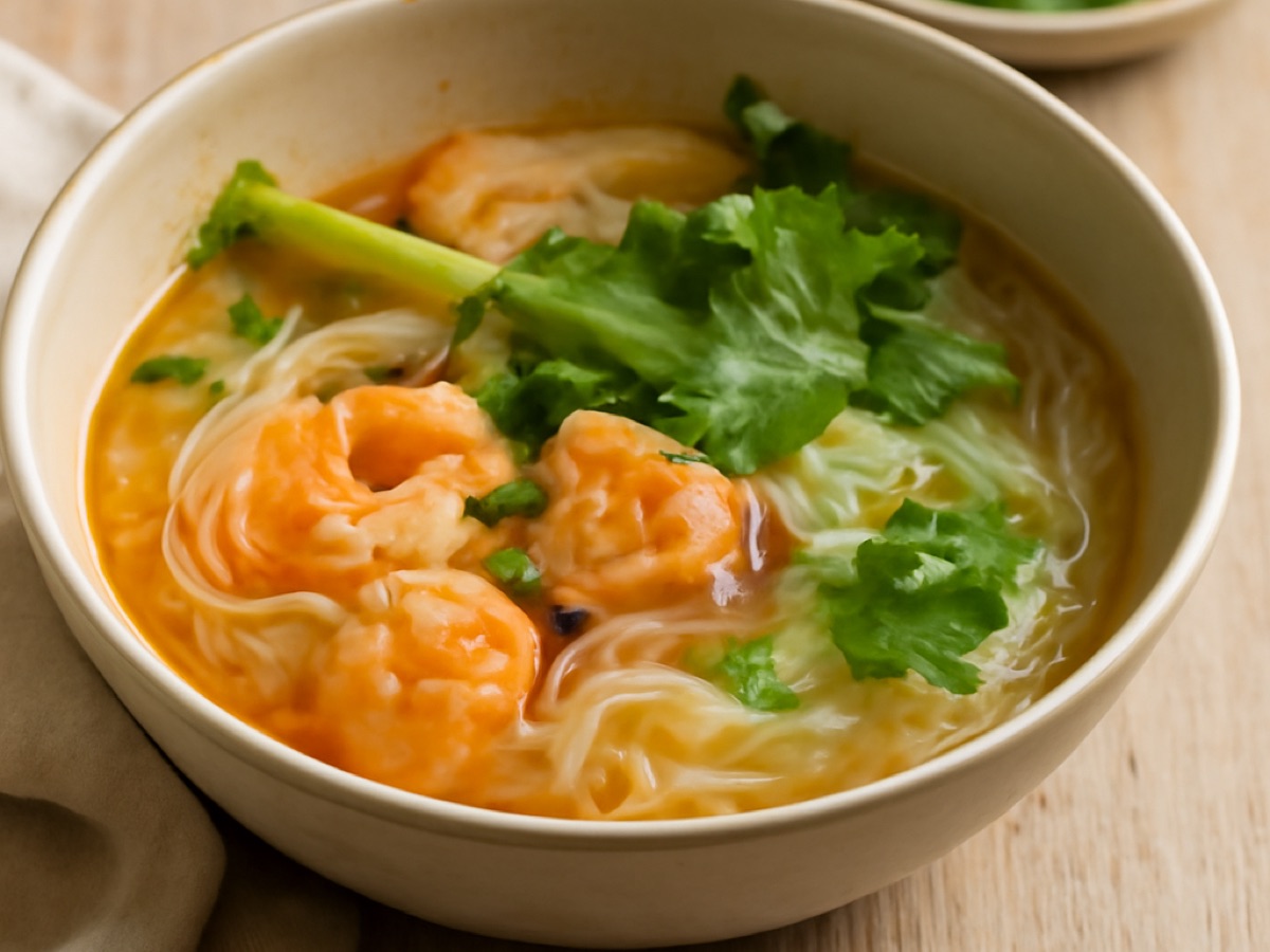 Vietnamesische Garnelen-Reisnudelsuppe mit Zitronengras und frischen Kräutern
