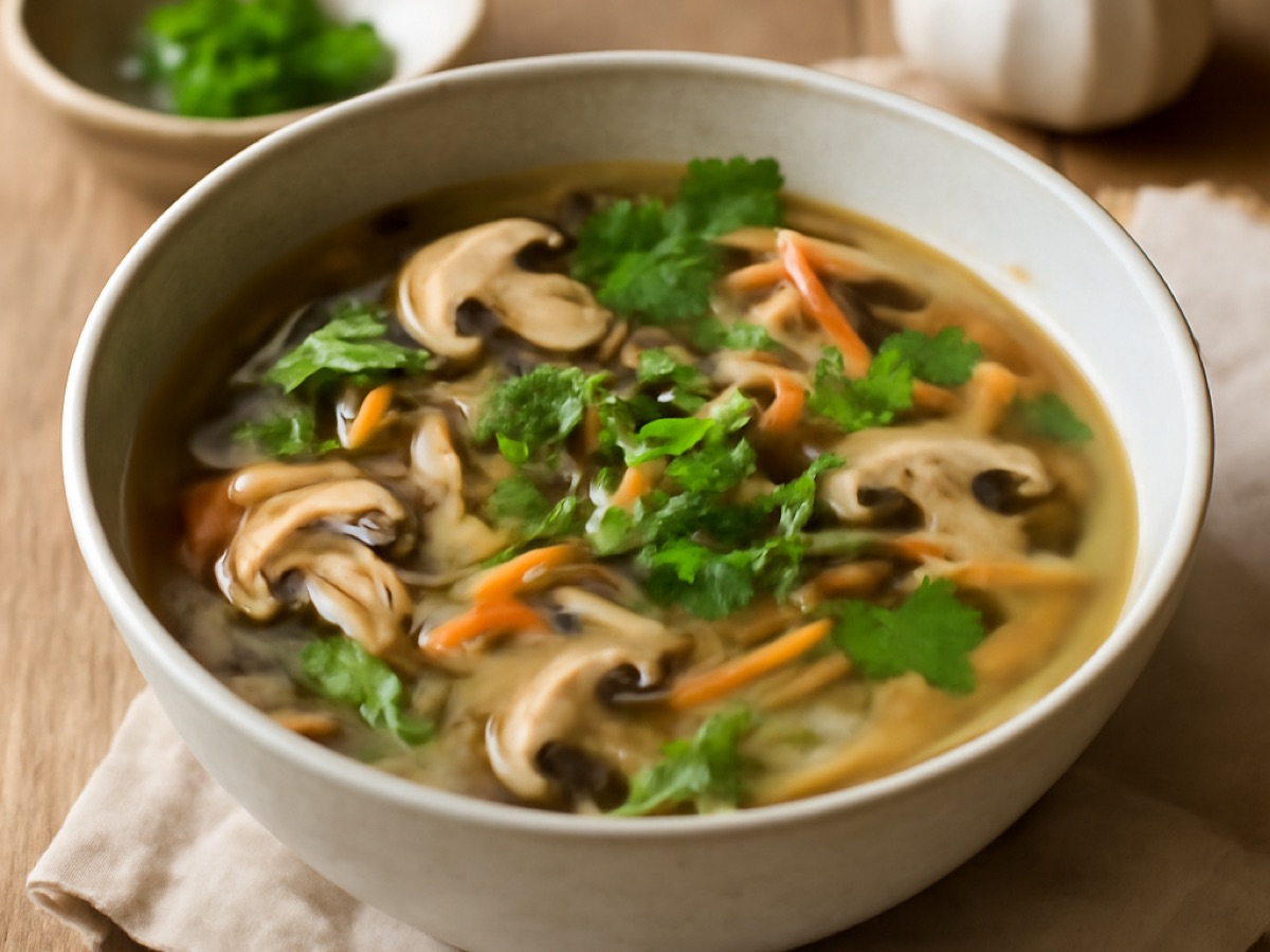 Vietnamesische Glasnudelsuppe mit Pilzen und frischen Kräutern (Chả Giò Suppe)