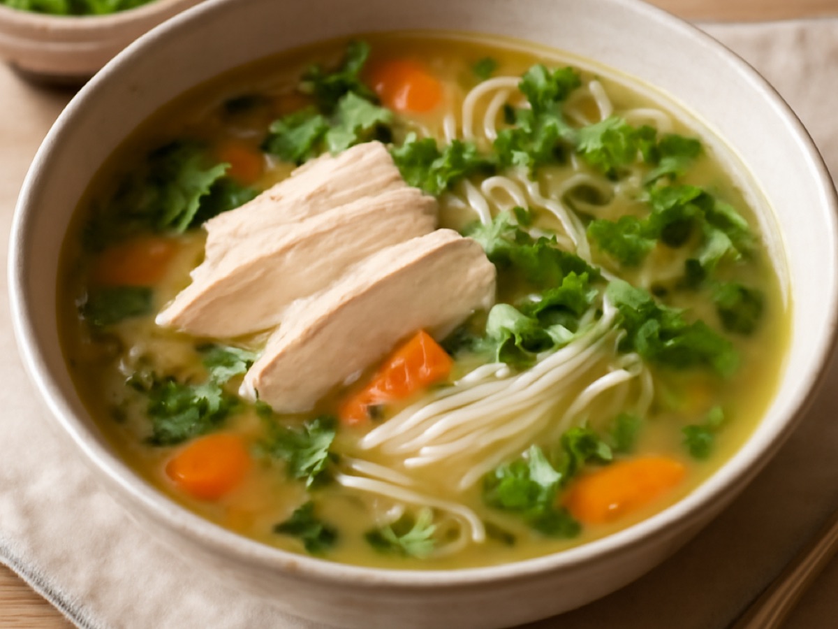 Vietnamesische Reisnudelsuppe mit Hühnchen und frischen Kräutern
