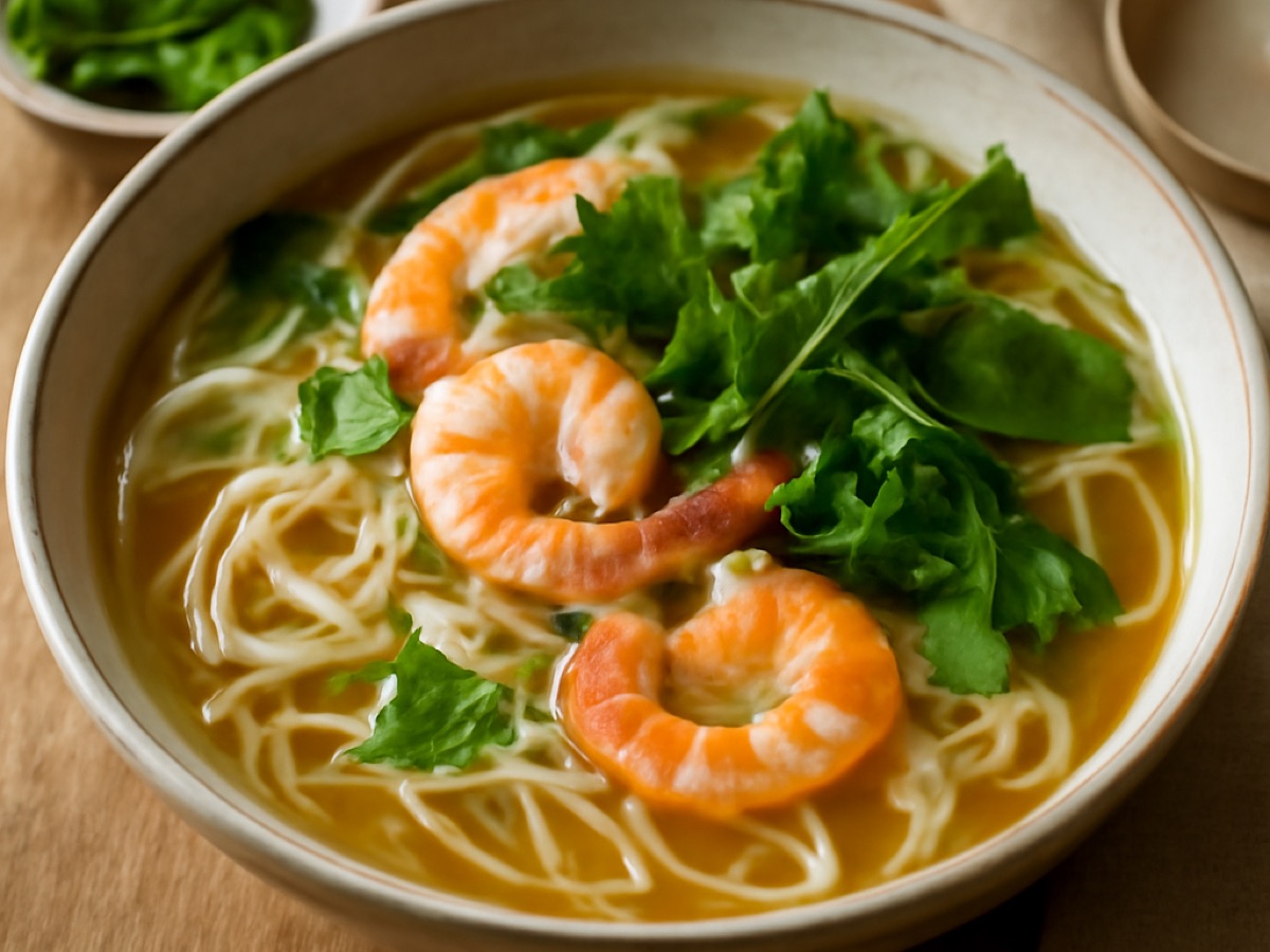 Vietnamesische Suppe mit Garnelen, Reisnudeln und frischen Kräutern