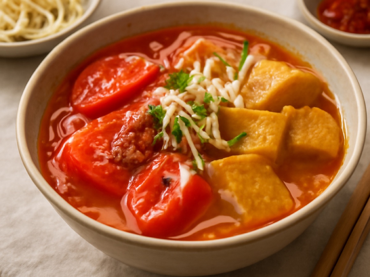Vietnamesisches Bun Rieu – Tomaten-Suppen-Nudeln mit Krabbenpaste und Tofu (vegetarisch)