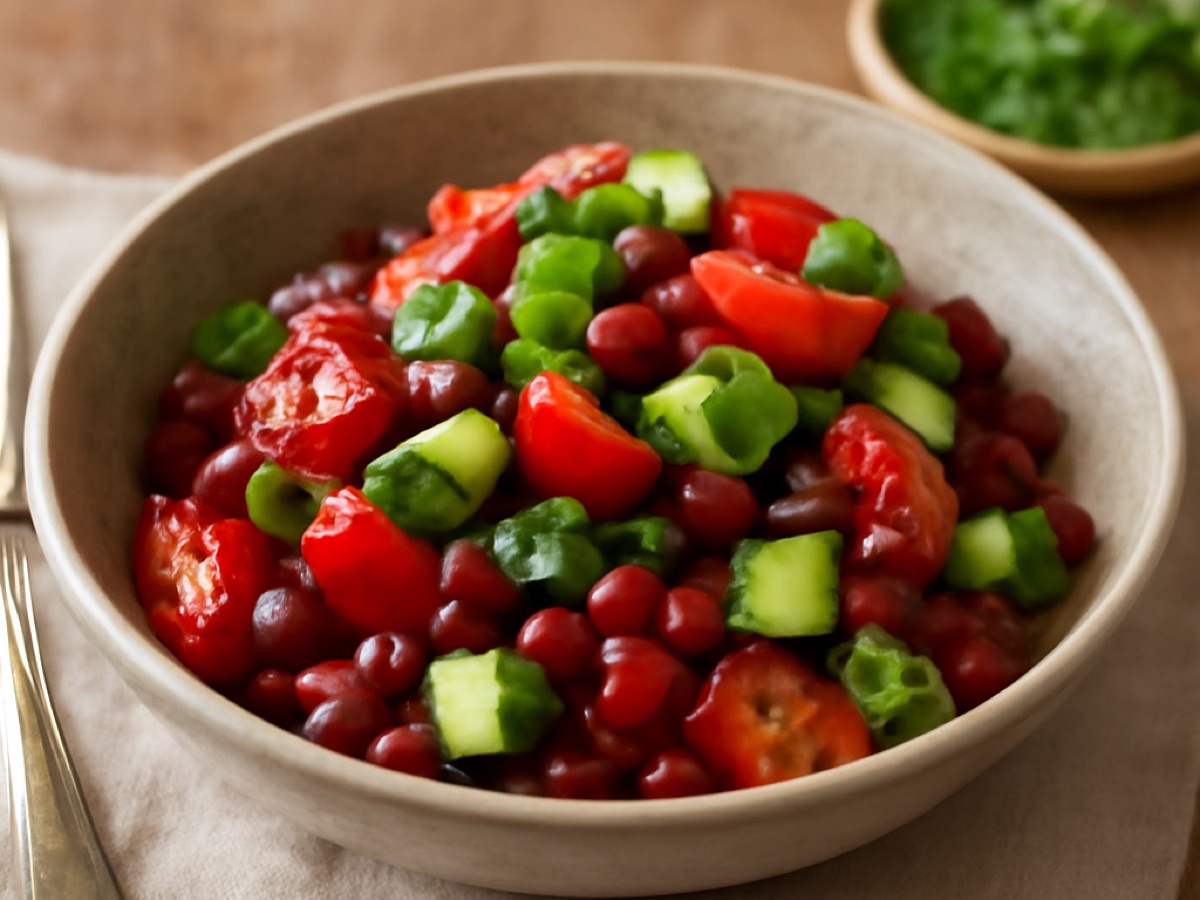 Warmer mexikanischer Bohnensalat mit Avocado und Tomaten