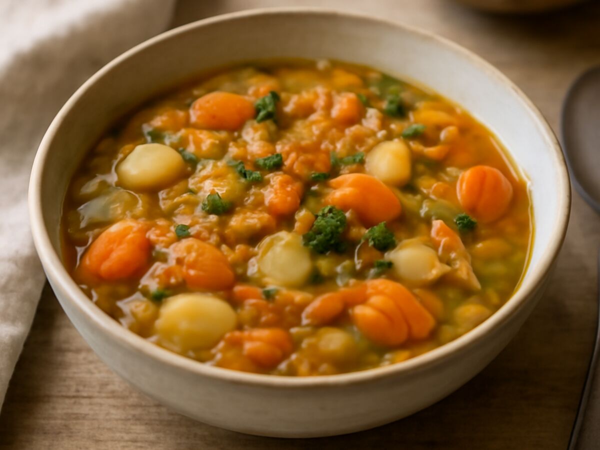 Warmer Polnischer Linseneintopf mit Wurzelgemüse aus dem Mixtopf