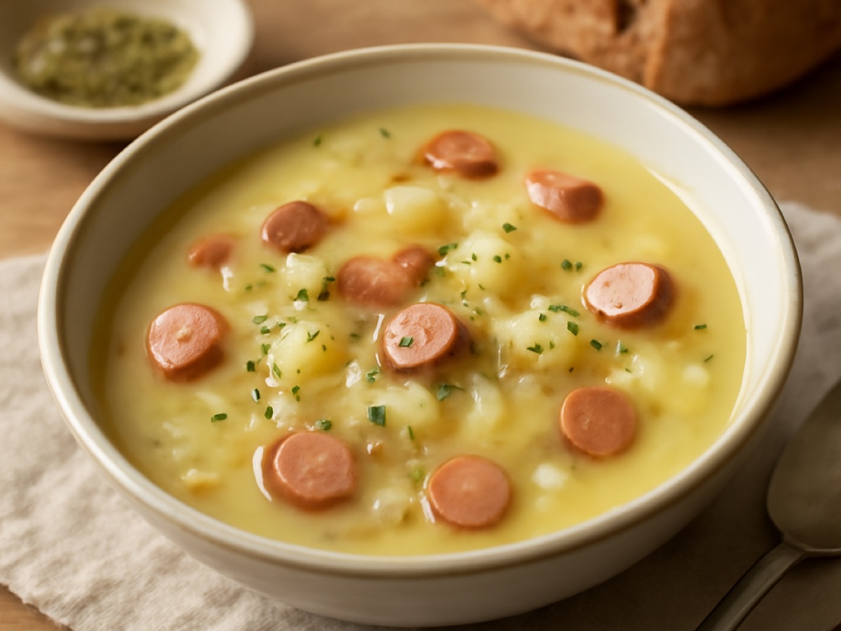 Wiener Erdäpfelsuppe mit Majoran und Würstel