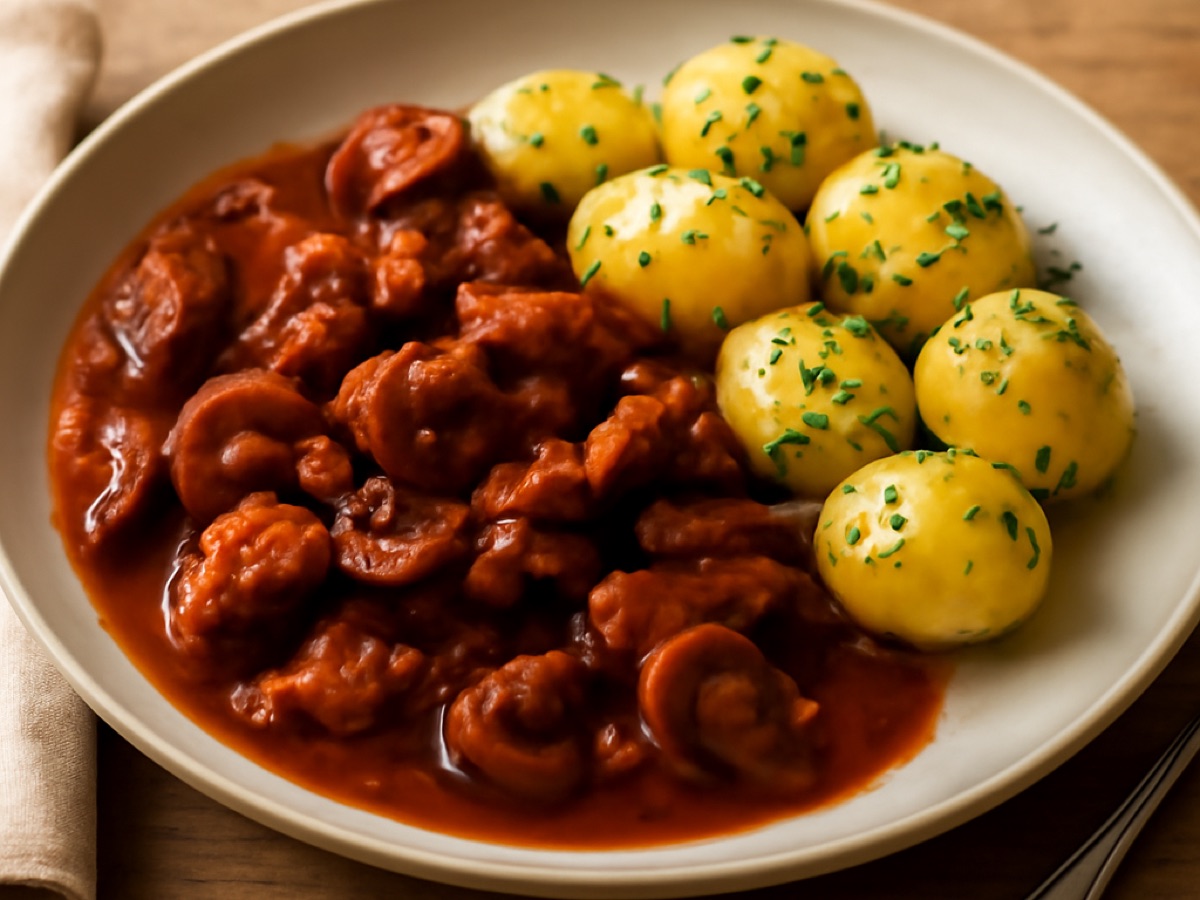 Wiener Rindsgulasch mit Schwammerl und Petersilienkartoffeln