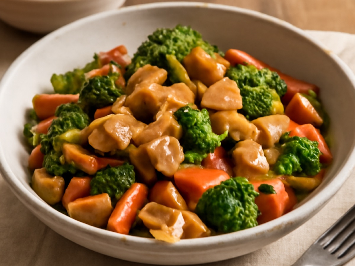Wok-Gemüse mit Tofu und Erdnusssauce