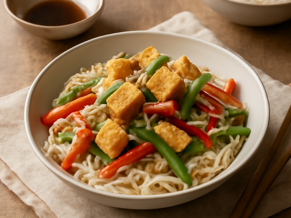 Wok-Gemüse mit Tofu und Reisnudeln